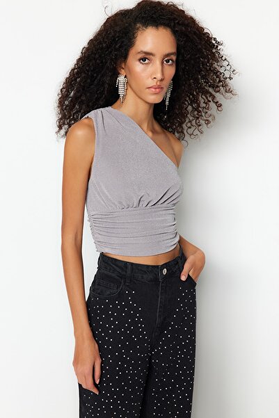 Trendyol Collection Glittery Gray Knitted Crop Bustier - Lined, TPRSS23BS00011
