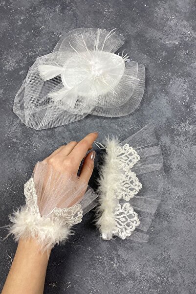 Hobigram Beyaz Vualet Nikah Şapkası Saç Aksesuarı Ve Lavinia Çift Bilek Akses...