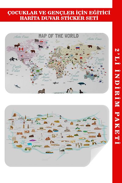 lilafil Educational - Tutorial World And Turkey Map Children's Room Wall Sticker 3884xl