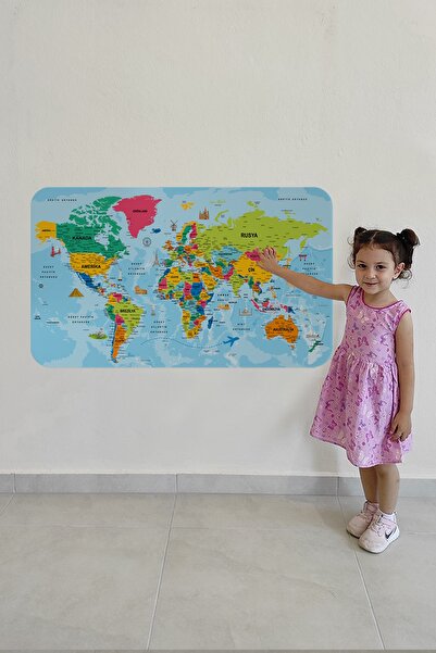 lilafil Turkish Educational World Map Atlas Sticker - Country and Capital Ocean Detailed, Decorative Wall