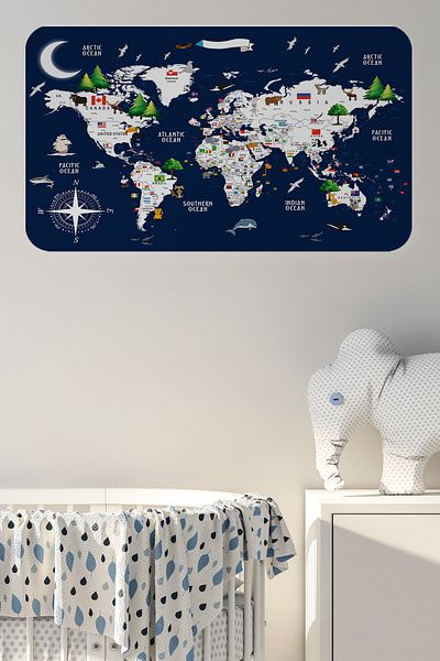 lilafil Educational And Flaged World Map World Atlas Kids And Baby Room Wall Sticker 3819xl