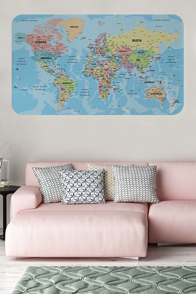lilafil Turkish Educational Country And Capital Ocean Detailed Atlas Decorative World Map Wall Sticker 3869xl