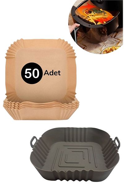 Buffer ® Heat Resistant Silicone Airfryer Gray Square Baking Mat 20 Cm And 50 Pieces of Baking Paper