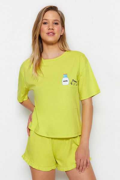 Trendyol Collection Světle zelená bavlněná nabíraná souprava pleteného pyžama Thmss22Pt0422
