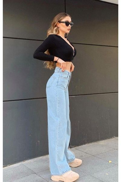Trn JNS Blue Power Lycra cu talie super înaltă, blugi largi, pantaloni Palazzo