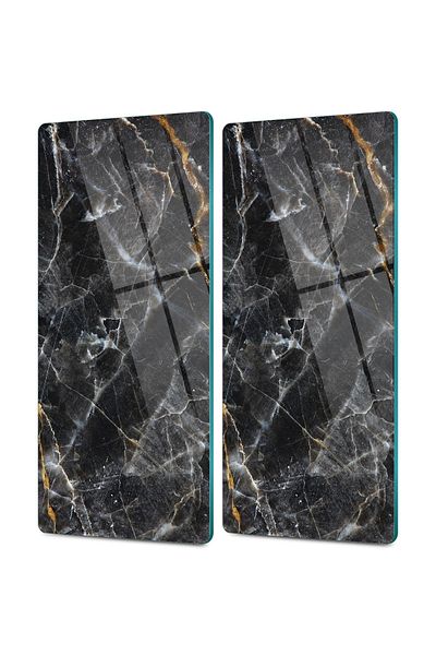Decovetro Set of 2 Black Marble Patterned Glass Coffee Tableware Presentation Table