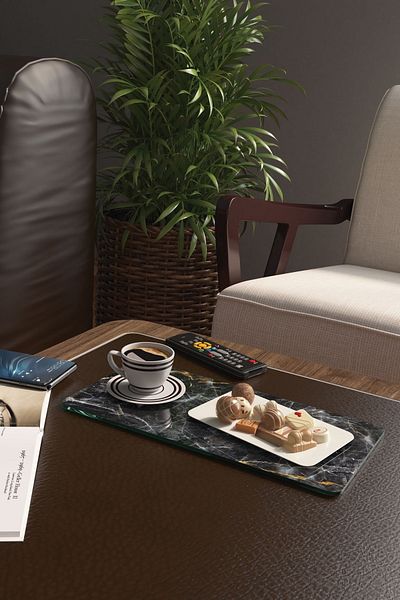 Decovetro Set of 2 Black Marble Patterned Glass Coffee Tableware Presentation Table