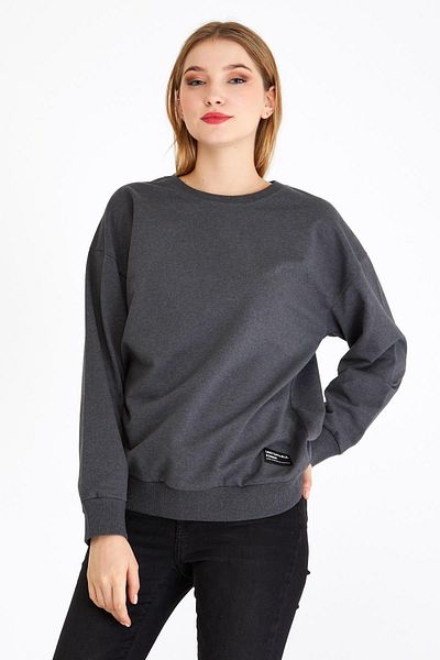 mmetalic Women's Anthracite Color Basic Crew Neck Sweatshirt