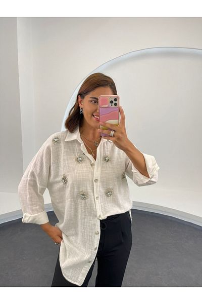EYBUTİK Cămașă oversize cu broderie albă