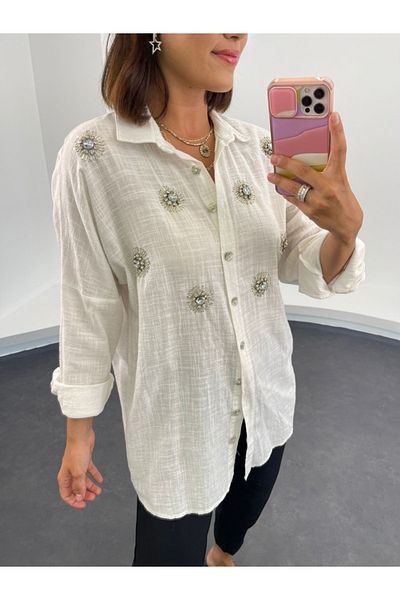 EYBUTİK Cămașă oversize cu broderie albă