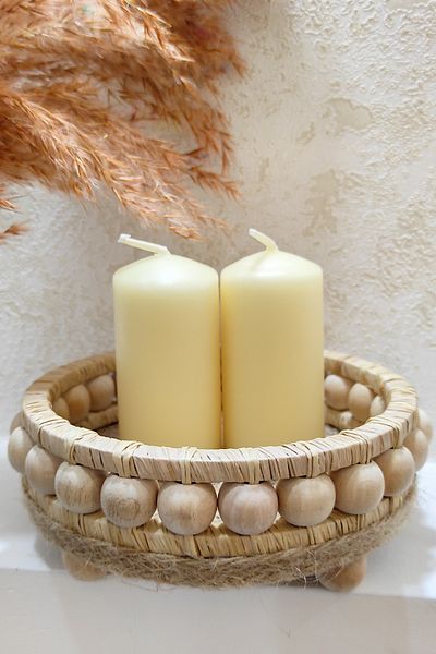 DEKOLOBİ Wicker Handmade Wooden Beaded Decorative Tray 18 cm