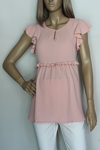 Tria Yakası Taş Düğmeli Kolları Fırfırlı Hamile Bluz