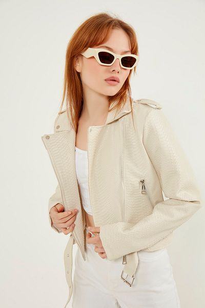 MEECY Women's Snakeskin Detailed Leather Jacket