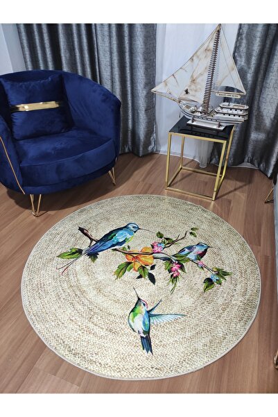 Modern home Kuş Figürlü Yuvarlak Halı Kolay Temizlenebilen Dijital Baskı Deri...