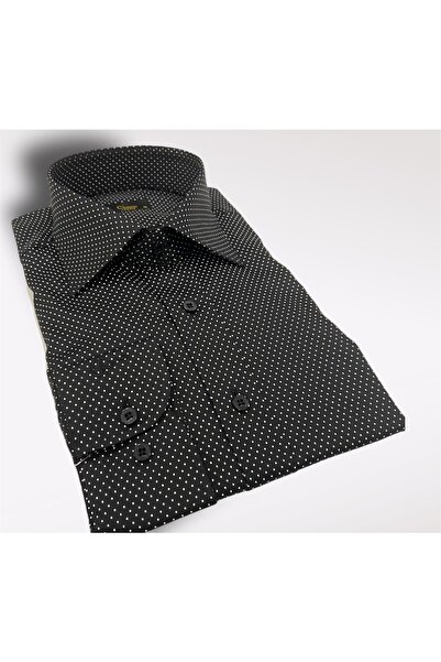 Chamis قميص Slimfit أسود منقط 100% من الساتان القطني ذو الياقة الطويلة