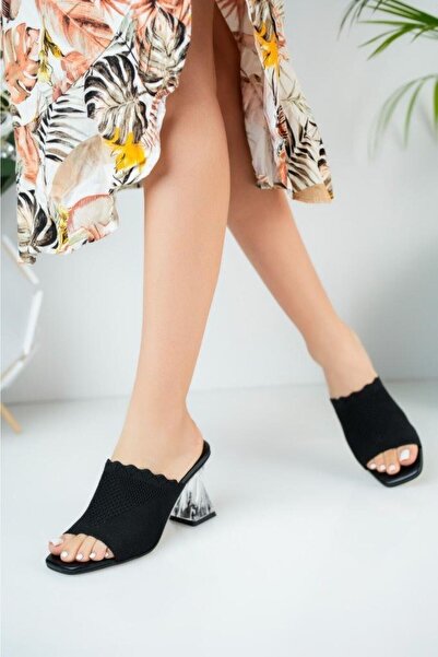 ÜNLÜ GİYİM شبشب تريكو بكعب شفاف غير قابل للتمدد 7 سم