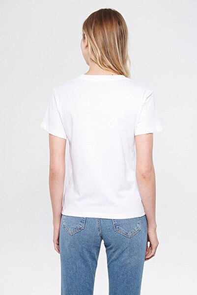 Mavi Weißes Damen-T-Shirt mit Katzenlogo-Aufdruck 1611478-620