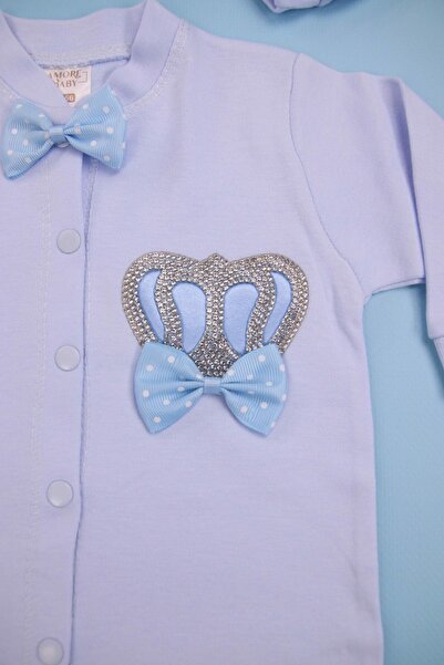 AMORE Papyonlu Taş Işlemeli Mavi 3'lü Bebek Tulum Seti