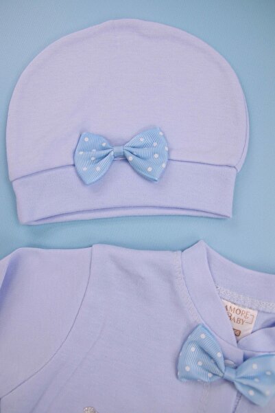 AMORE Papyonlu Taş Işlemeli Mavi 3'lü Bebek Tulum Seti