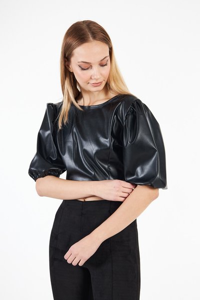 Black&Small Balloon Sleeve Leather Look Crop Top Blouse