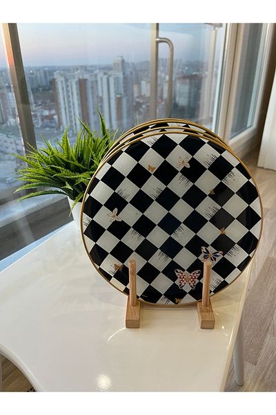 PONCİKPAZAR 6 Person Checkerboard Patterned Cake Set