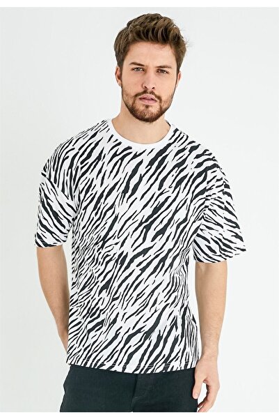 JAHR MARC Leopard Printed Oversize White Men's T-shirt