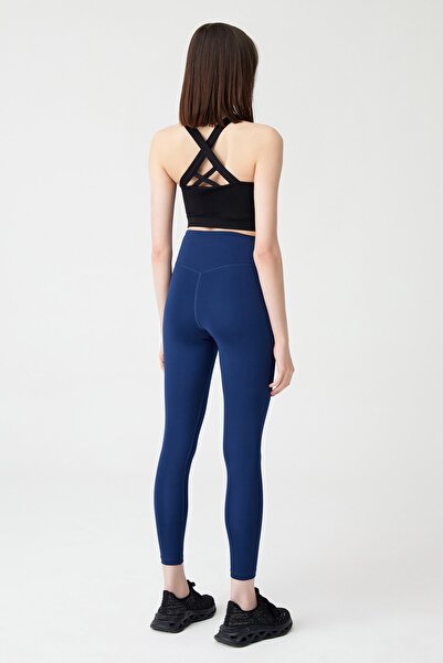 Los Ojos Navy Blue High Waist Stitching Detailed Sports Leggings High Rise