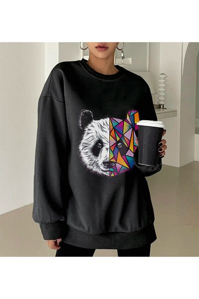 aynewmoda Hanorac negru cu imprimeu panda