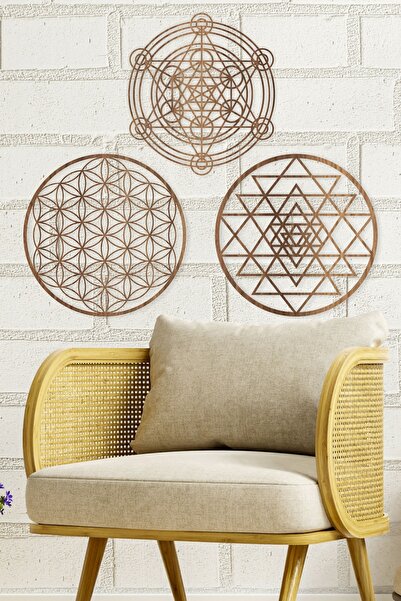 UNT Ahşap Yaşam Çiçeği Sri Yantra Metatron Bolluk Bereket Sembolleri Üçlü Dekoratif Tablo Duvar Süsü
