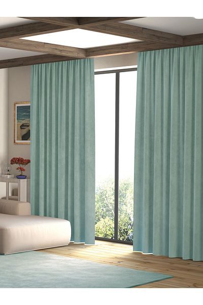 Pastel Velvet Textured Fog Blue Island Background Curtain Extrafor Drawstring