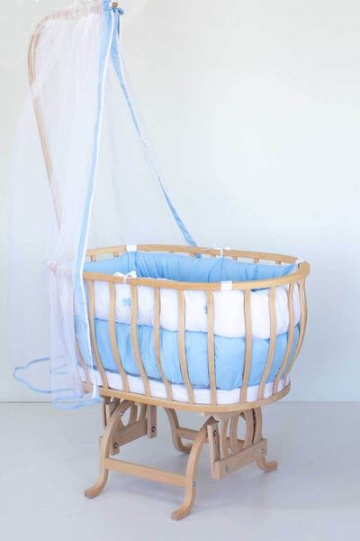 Babycom Naturel Sallanır Ahşap Sepet Beşik + Mavi Kalpli Uyku Seti