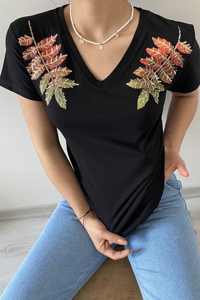 FEMELLE Tricou negru din bumbac, cu decolteu în V, cu modele de frunze