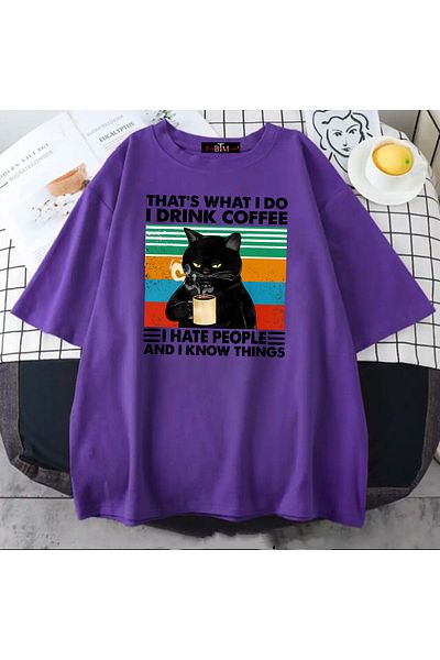 Buğraterzimoda I Drink Coffee Cat με στάμπα με λαιμόκοψη μωβ Vintage Oversize T-shirt