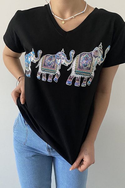 FEMELLE Tricou negru din bumbac, cu decolteu în V, cu model elefant, brodat cu paiete