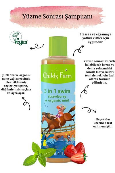 Childs Farm أكمام السباحة للمبتدئين - مستخلص الفراولة والنعناع العضوي 3 في 1 شامبو ما بعد السباحة