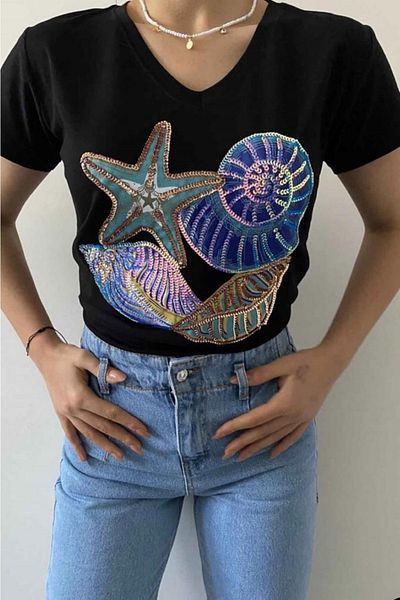 FEMELLE Tricou negru pentru femei, cu decolteu în V, cu design brodat cu paiete
