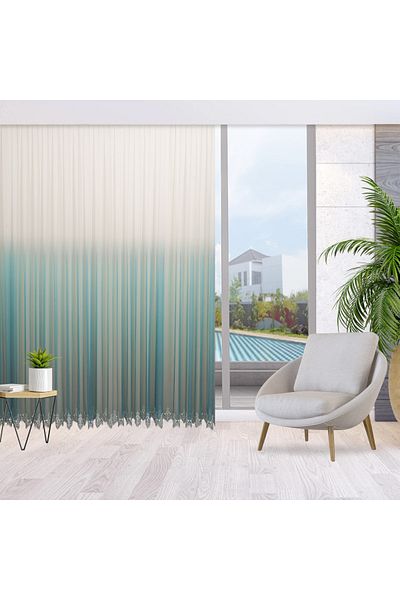 perhal perde ve halı Pleatless Tulle Curtain with Gradient Color Gradient Petrol Blue Skirts and Embroidery