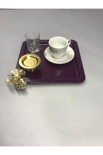 Mira züccaciye Stainless Steel Square Set of 6 Purple Coffee, Tea, Decorative Presentation Serving Tray with Luxury Butterfly Accessories