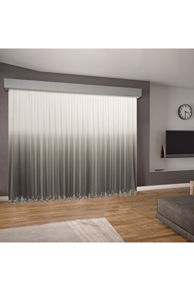 perhal perde ve halı Pleatless Tulle Curtain with Gradient Color Transition Anthracite Dark Gray Embroidered Skirts