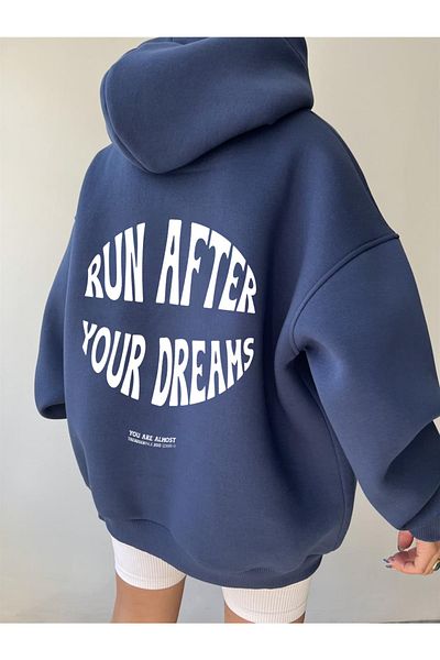 Trendseninle Women's Indigo Blue Run After Your Dreams Printed Sweatshirt