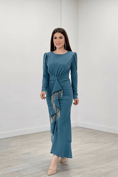 giyimmasalı Imported Crepe Fabric Stone Tassel Detailed Evening Dress - Water Green