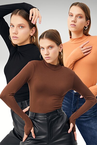 Ladima Kadın Siyah Somon Acı Kahve Parmak Detay 3'lü Body