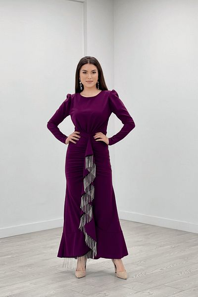 giyimmasalı Imported Crepe Fabric Stone Tassel Detailed Evening Dress - Eggplant Purple