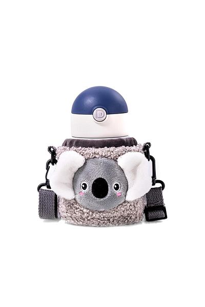 DILLER 300ml Steel Children's Water Bottle with Straw and Plush Case with Carrying Strap 6 Hours Keeping Hot/Cold