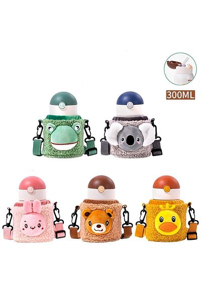 DILLER 300ml Steel Children's Water Bottle with Straw and Plush Case with Carrying Strap 6 Hours Keeping Hot/Cold
