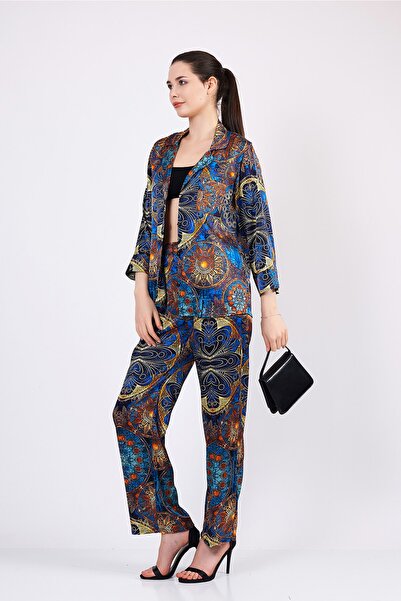 Nomads Felt Saf İpek Gömlek-Pantolon-Pijama Takımı | Mandala Desen Mavi | Nomads Felt