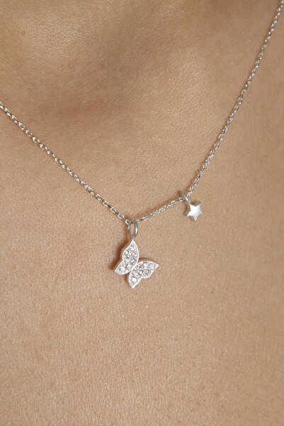Elika Silver Kadın Yıldız Detaylı Kelebek Model 925 Ayar Gümüş Kolye