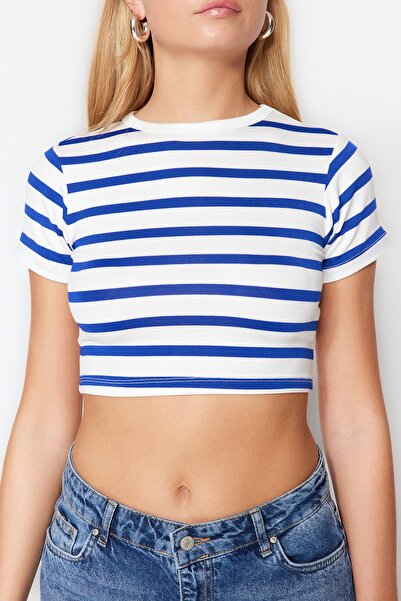 Trendyol Collection Prémium Ecru Line viszkózus/hideg technikus Crop Crew nyakú absztrakciós blúz