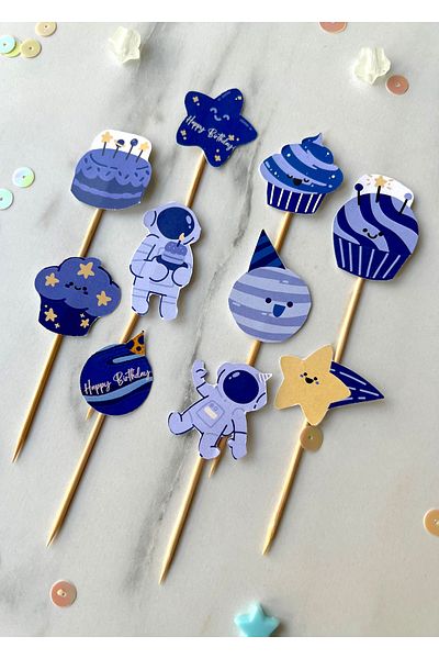 The Istanbul Event 10-Piece Tiny Blue Boy's Space Astronaut Concept Birthday Cupcake Topper
