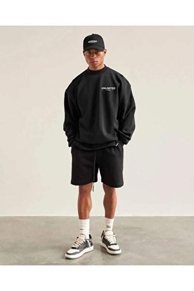 Benisengiydir Pánská černá oversize mikina s výstřihem a potiskem Unlimited